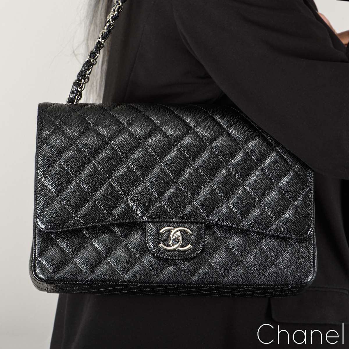 Chanel Black Caviar Maxi Classic Double Flap Bag | Rich Diamonds